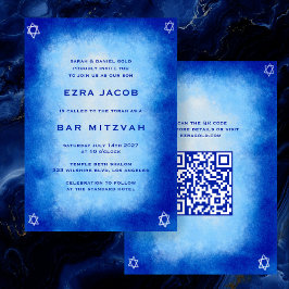 Blue Watercolor Custom QR Code Bar Bat Mitzvah Einladung