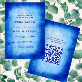 Blue Watercolor Custom QR Code Bar Bat Mitzvah Einladung