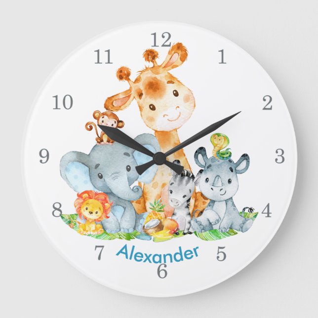Blue Watercolor Cute Safari Jungle Animals Große Wanduhr (Vorderseite)