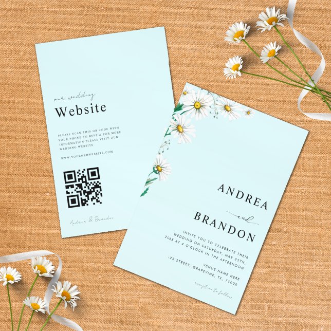 Blue Watercolor Daisy Wildblume QR Code Wedding Einladung (Von Creator hochgeladen)