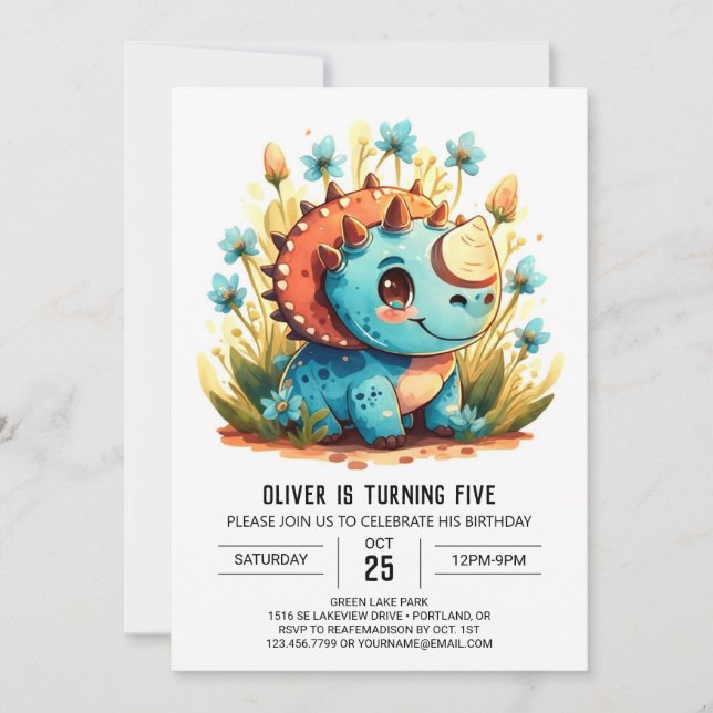 Blue Watercolor Dinosaurier Boy Birthday Einladung (Vorderseite)