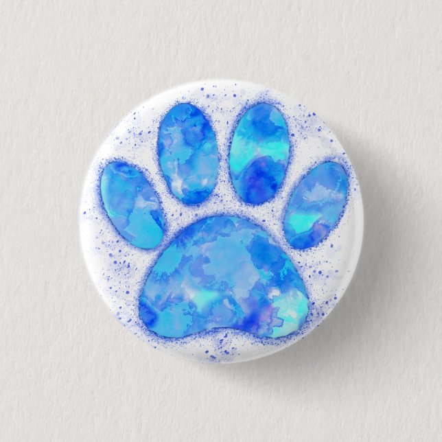 Blue Watercolor Dog Paw Print Button (Vorderseite)