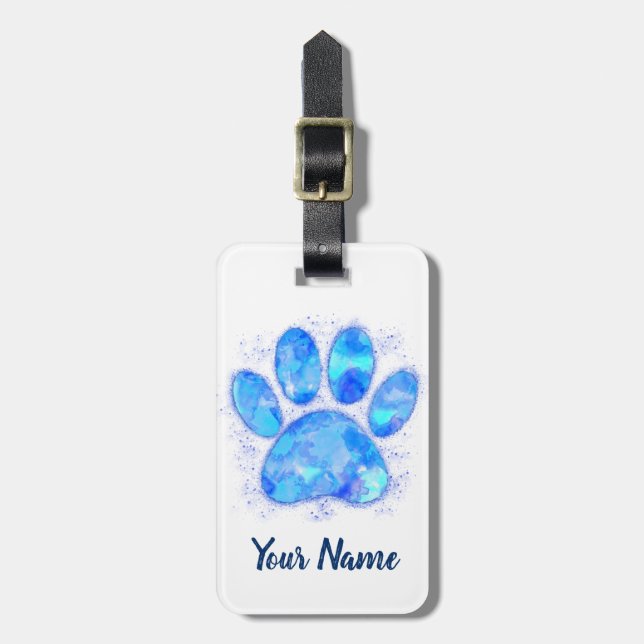 Blue Watercolor Dog Paw Print Individuelle Name Gepäckanhänger (Vorderseite vertikal)