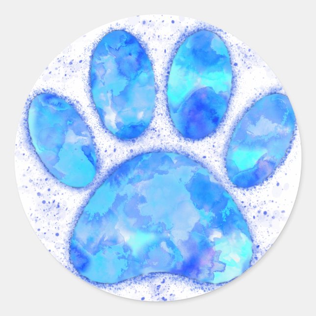 Blue Watercolor Dog Paw Print Runder Aufkleber (Vorderseite)