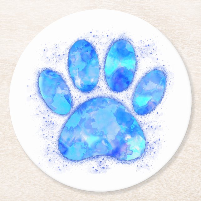 Blue Watercolor Dog Paw Print Runder Pappuntersetzer (Vorderseite)