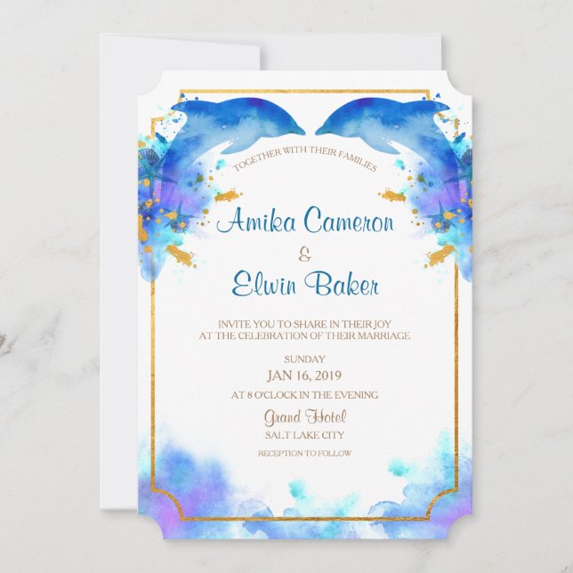 Blue Watercolor Dolphin Wedding Invitation Card Einladung (Vorderseite)
