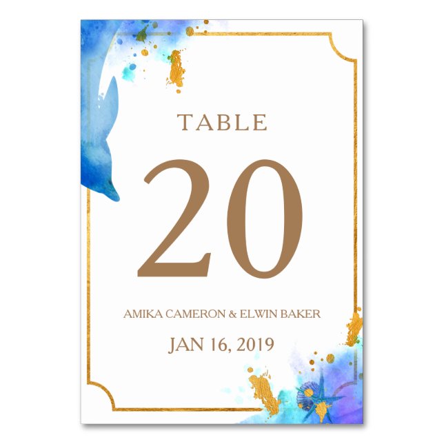 Blue Watercolor Dolphin Wedding Table Card Tischnummer (Vorderseite)