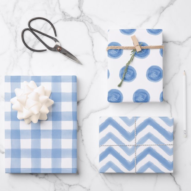 Blue Watercolor Dots Gingham Wrapping Paper Geschenkpapier Set (Vorderseite)
