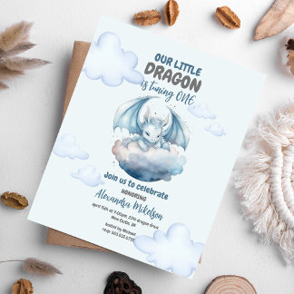 Blue Watercolor Dragon Baby 1. Geburtstag Einladung