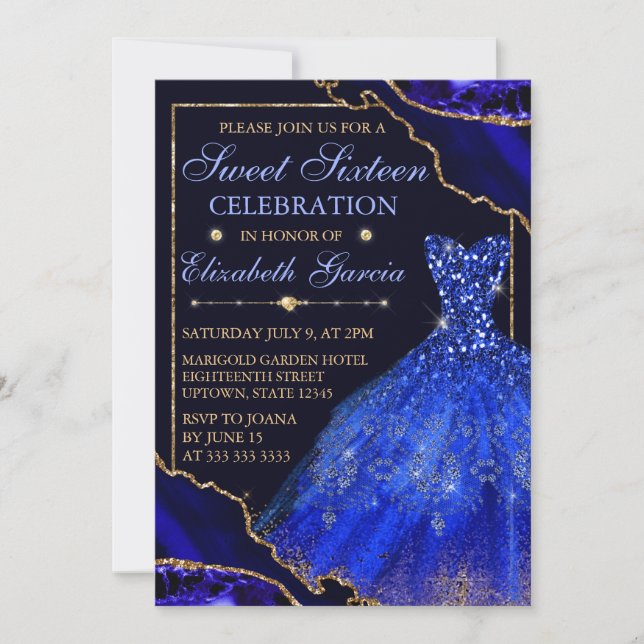 Blue Watercolor Dress & Glitzer Agate Sweet 16 Einladung (Vorderseite)