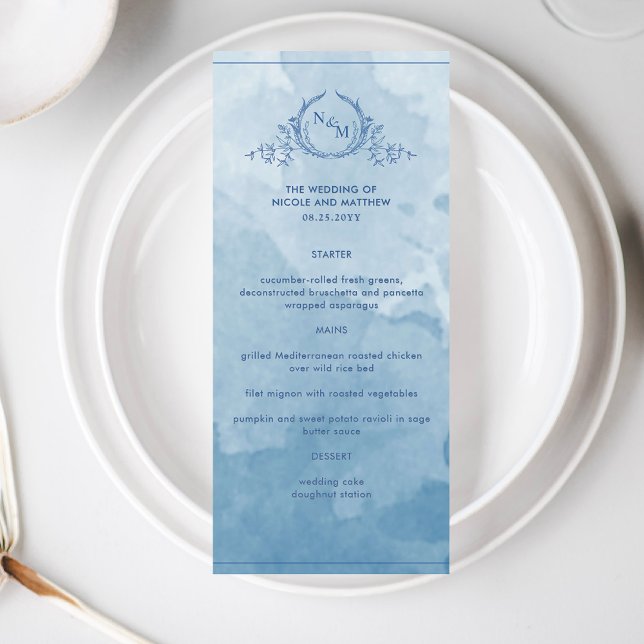 Blue Watercolor Elegante Monogram Wedding Menu Menükarte (Von Creator hochgeladen)