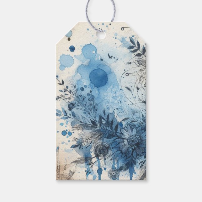 Blue Watercolor Ephemera Geschenkanhänger (Vorderseite)