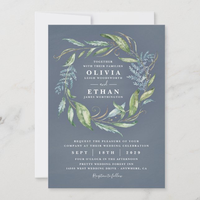 Blue Watercolor Eucalyptus Greenery Wreath Wedding Einladung (Vorderseite)