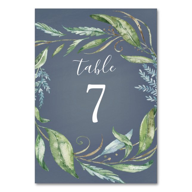 Blue Watercolor Eucalyptus Greenery Wreath Wedding Tischnummer (Vorderseite)