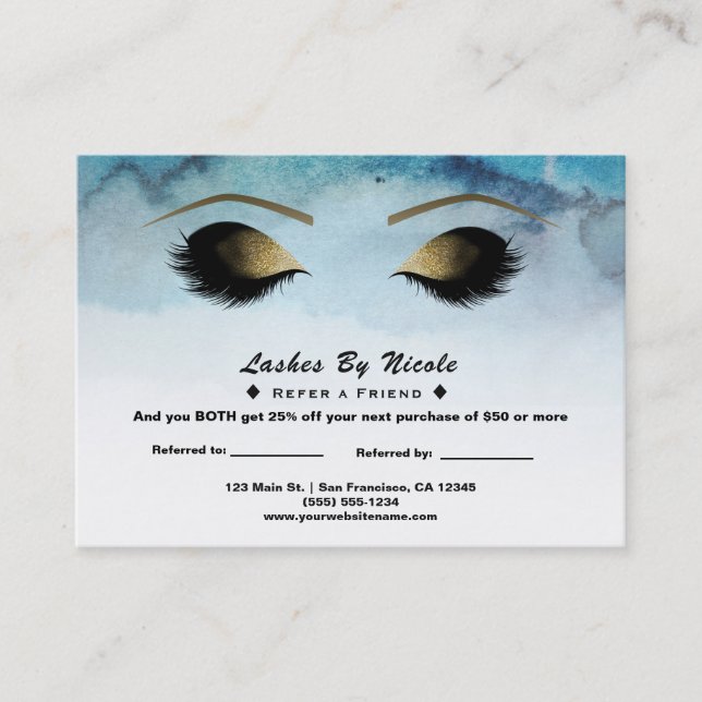 Blue Watercolor Eyelashes Empfehlungskarte (Vorderseite)