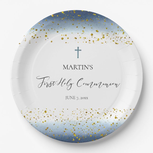 blue watercolor  First Communion Pappteller (Vorderseite)