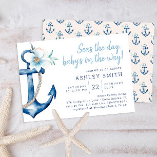 Blue Watercolor Floral Anchor Nautical Baby Dusche Einladung