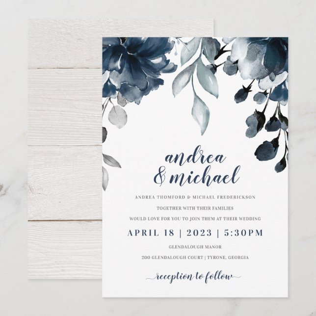Blue Watercolor Floral Bouquet Wedding Einladung (Vorne/Hinten)