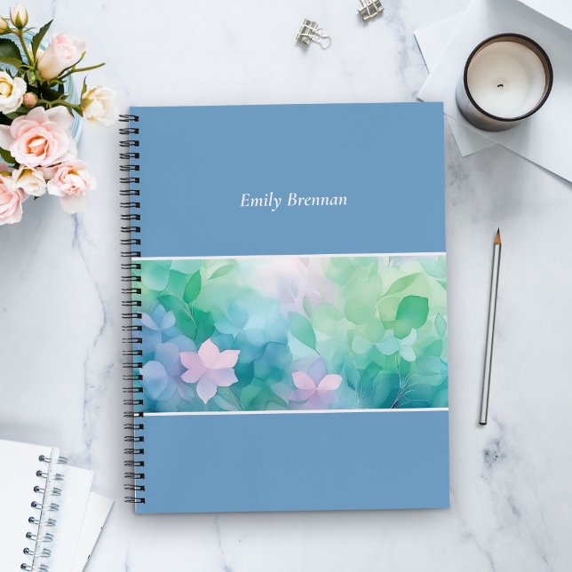 Blue Watercolor Floral Custom Name Notebook Notizbuch (Von Creator hochgeladen)