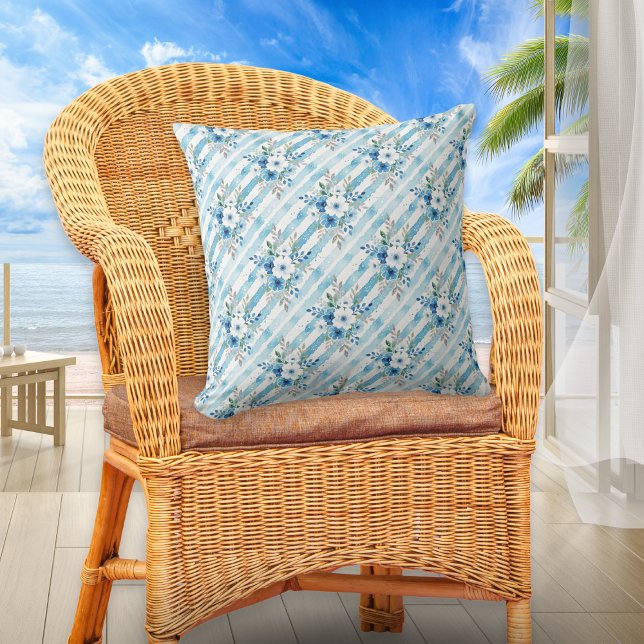 Blue Watercolor Floral & Diagonal Stripes Coastal  Kissen (A pretty throw pillow with white and blue floral and striped pattern in a watercolor style)