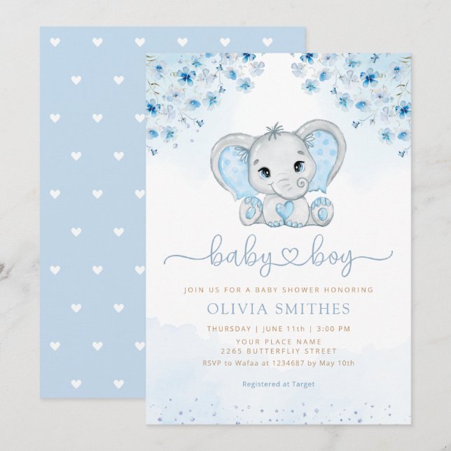 Blue Watercolor Floral Elephant Boy Baby Dusche Einladung (Vorne/Hinten)