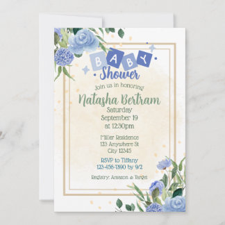 Blue Watercolor Floral Leaves Baby Shower Einladung