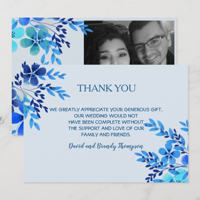 Blue Watercolor Floral Mariage Merci Note (Devant / Derrière)