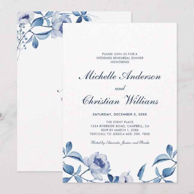Blue Watercolor Floral Probe Dinner Einladung (Vorne/Hinten)