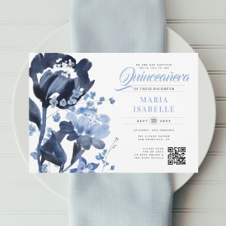 Blue Watercolor Floral QR Code Quinceñera Einladung