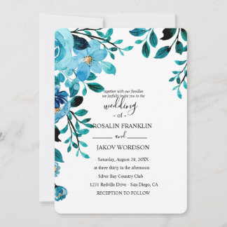 blue watercolor floral rustic wedding einladung