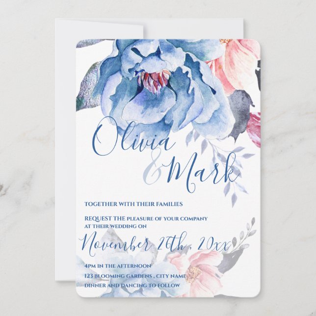 Blue Watercolor Floral Script Hochzeit Einladung (Vorderseite)