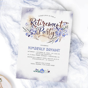 Blue Watercolor Floral Script Retirement Party Einladung