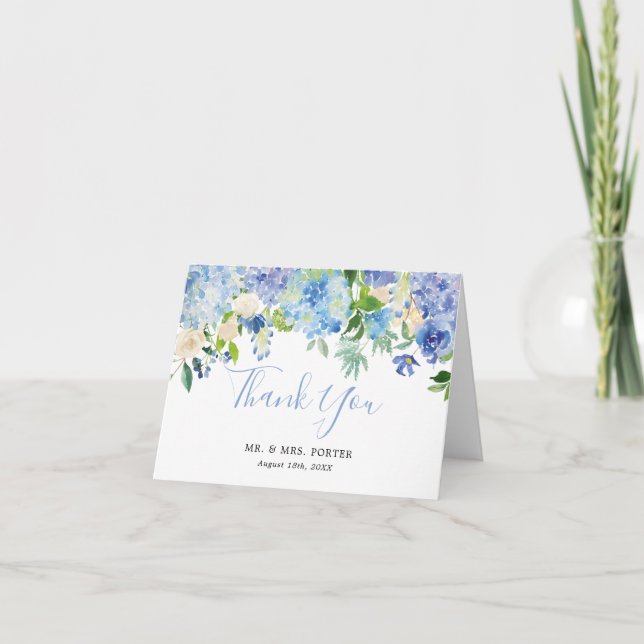 Blue Watercolor Floral Wedding Danke Note Card (Vorderseite)