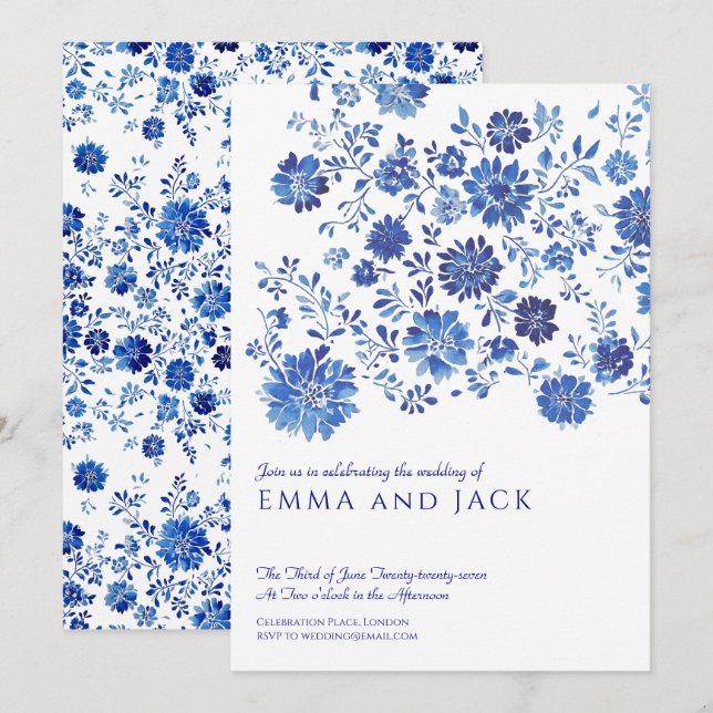 Blue Watercolor Floral Wedding Invitation (Devant / Derrière)