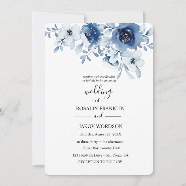 blue watercolor floral wedding Invitation (Devant)