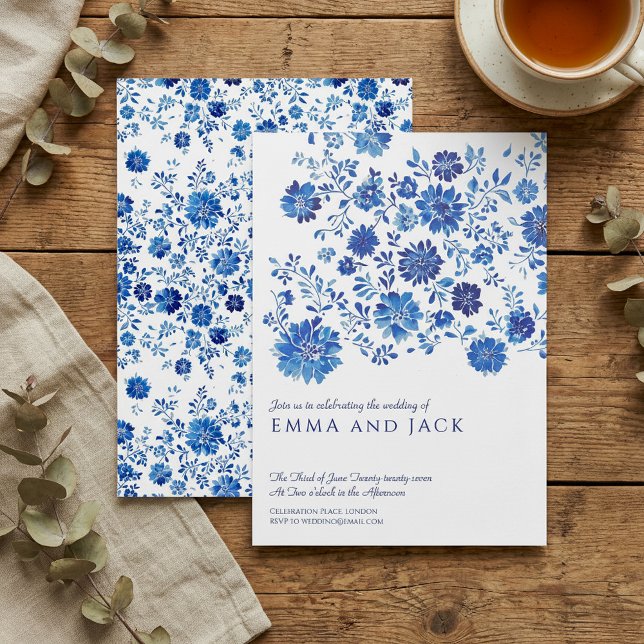 Blue Watercolor Floral Wedding Invitation Einladung (Blue Watercolor Floral Wedding Invitation)