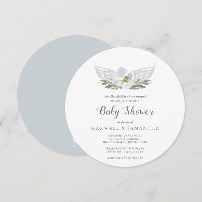 Blue Watercolor Florals Angel Wings Baby Dusche Einladung (Vorne/Hinten)