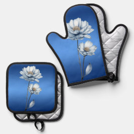 Blue Watercolor Flowers Ofenhandschuh & Topflappen-Set