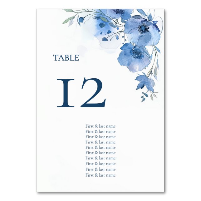 Blue Watercolor Flowers Seating Chart Tischnummer (Vorderseite)