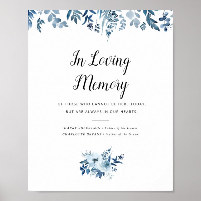 blue watercolor flowers wedding memorial sign poster (Vorne)