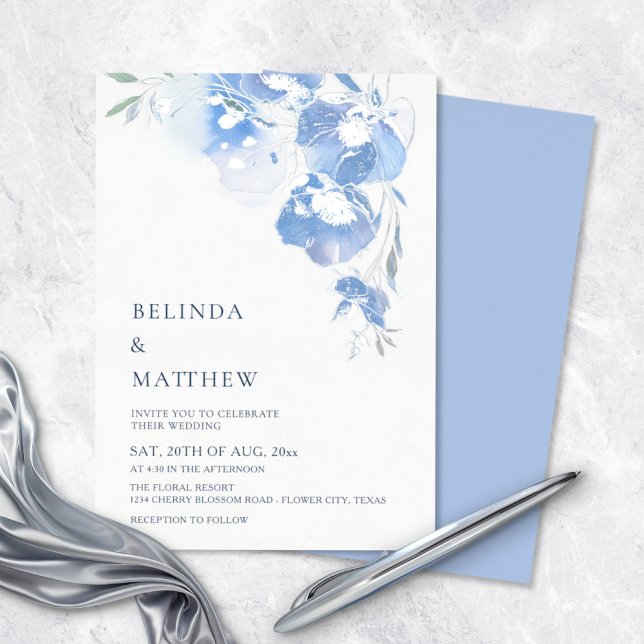 Blue Watercolor Flowers White Silver Folieneinladung (Von Creator hochgeladen)
