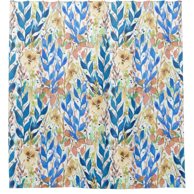 Blue Watercolor Foliage Duschvorhang (Vorderseite)