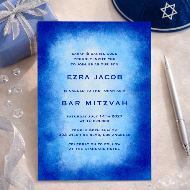 Blue Watercolor Frame Custom Bar Bat Mitzvah Einladung (Blue Watercolor Frame Custom Bar Bat Mitzvah Invitation
)