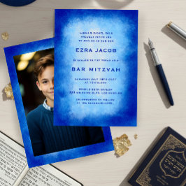 Blue Watercolor Frame Custom PHOTO Bar Bat Mitzvah Einladung