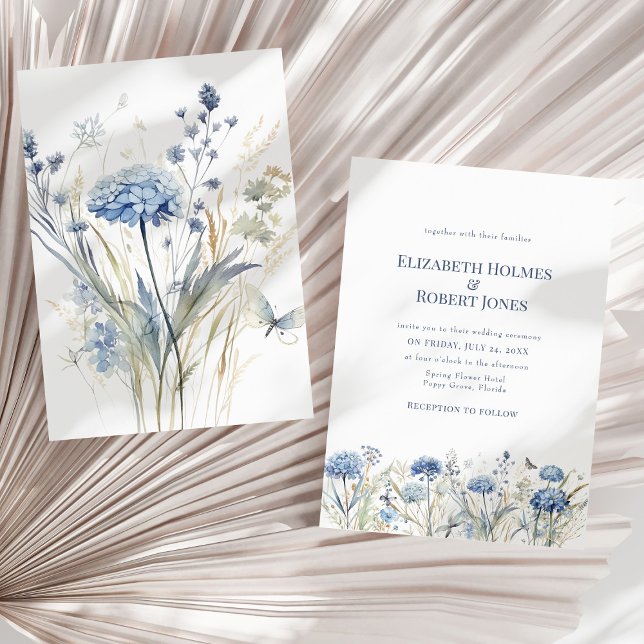 Blue Watercolor Garden Wildblumen Hochzeit Einladung (French Blue Watercolor Garden Wildflowers Wedding Invitation on a dry palm leaf.)
