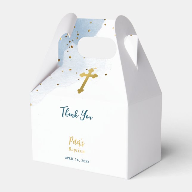Blue Watercolor Glitzer Gold Cross Taufe Boy Geschenkschachtel (Vorderseite)
