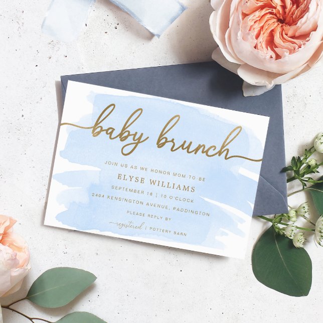 Blue Watercolor Gold Baby Brunch Invitation (Boy Baby Shower Invitation Blue Watercolour Gold. Baby Brunch Invitation)