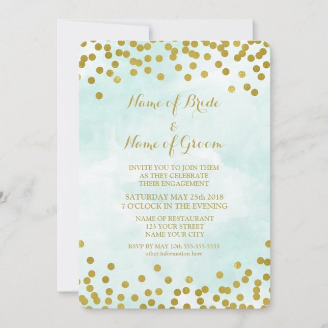 Blue Watercolor Gold Confetti Engagement Party Einladung (Vorderseite)