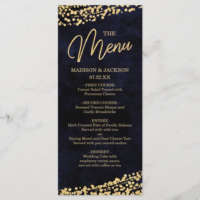 Blue Watercolor & Gold Confetti Wedding Menu Menükarte (Vorderseite)