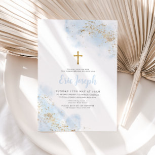 Blue Watercolor Gold Cross Boy Christening Taufe Einladung